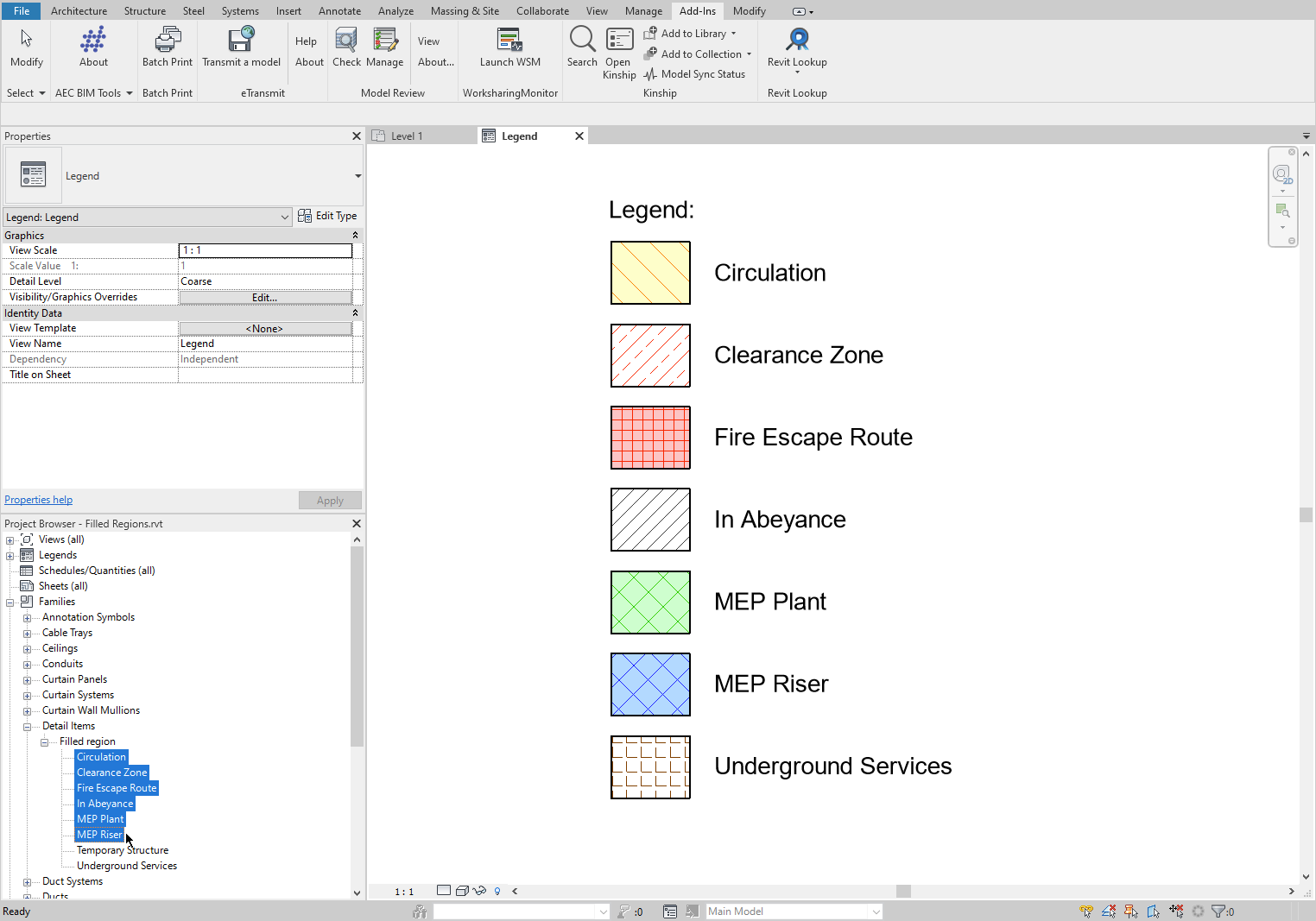 Filled Regions selected in the Revit Project Browser.