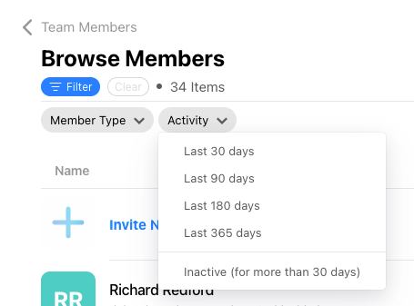 New Activity filter in team member listings.