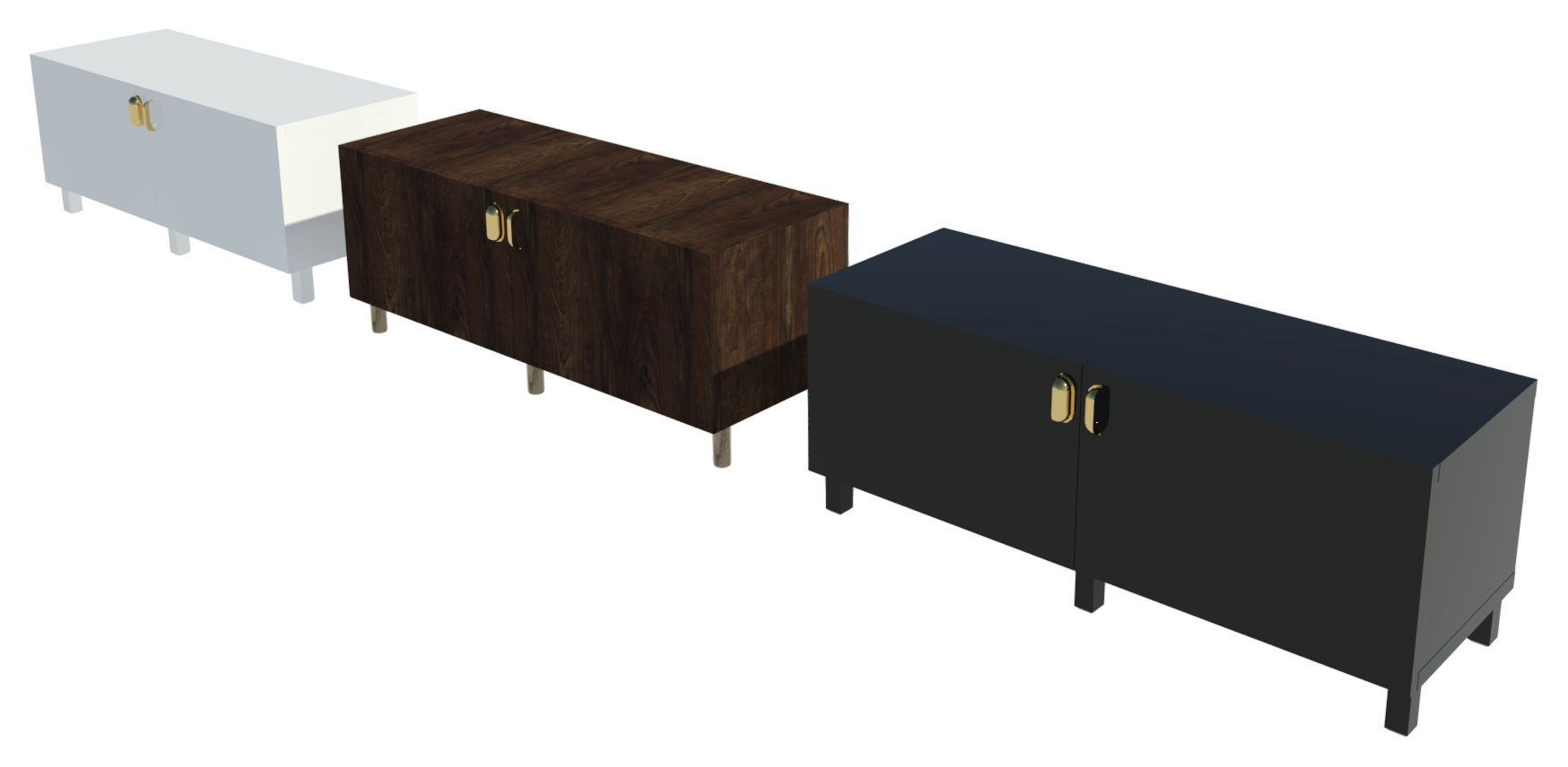 Revit render of three Besta TV Unit cupboards with white, brown stained oak and black finished front panels, and brass ENERYDA cup handles.