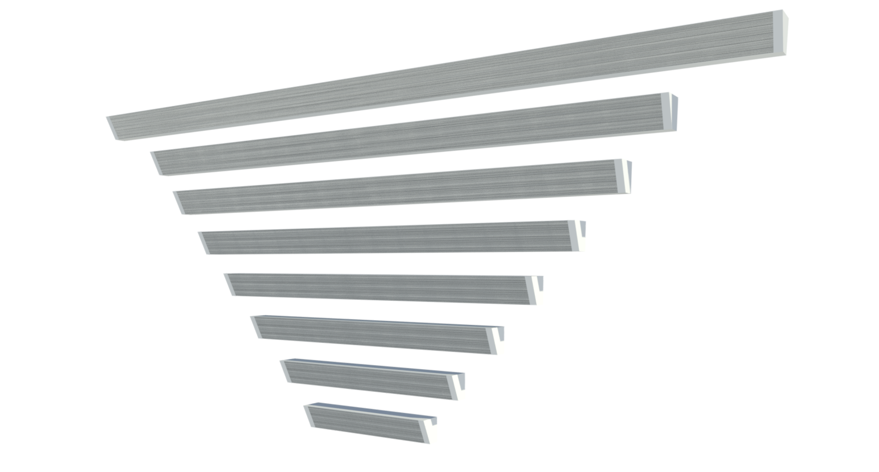 A render of multiple metallic, wall-mounted cove heaters from manufacturer King in multiple lengths, bending at an angle, so can be placed along a wall and ceiling  