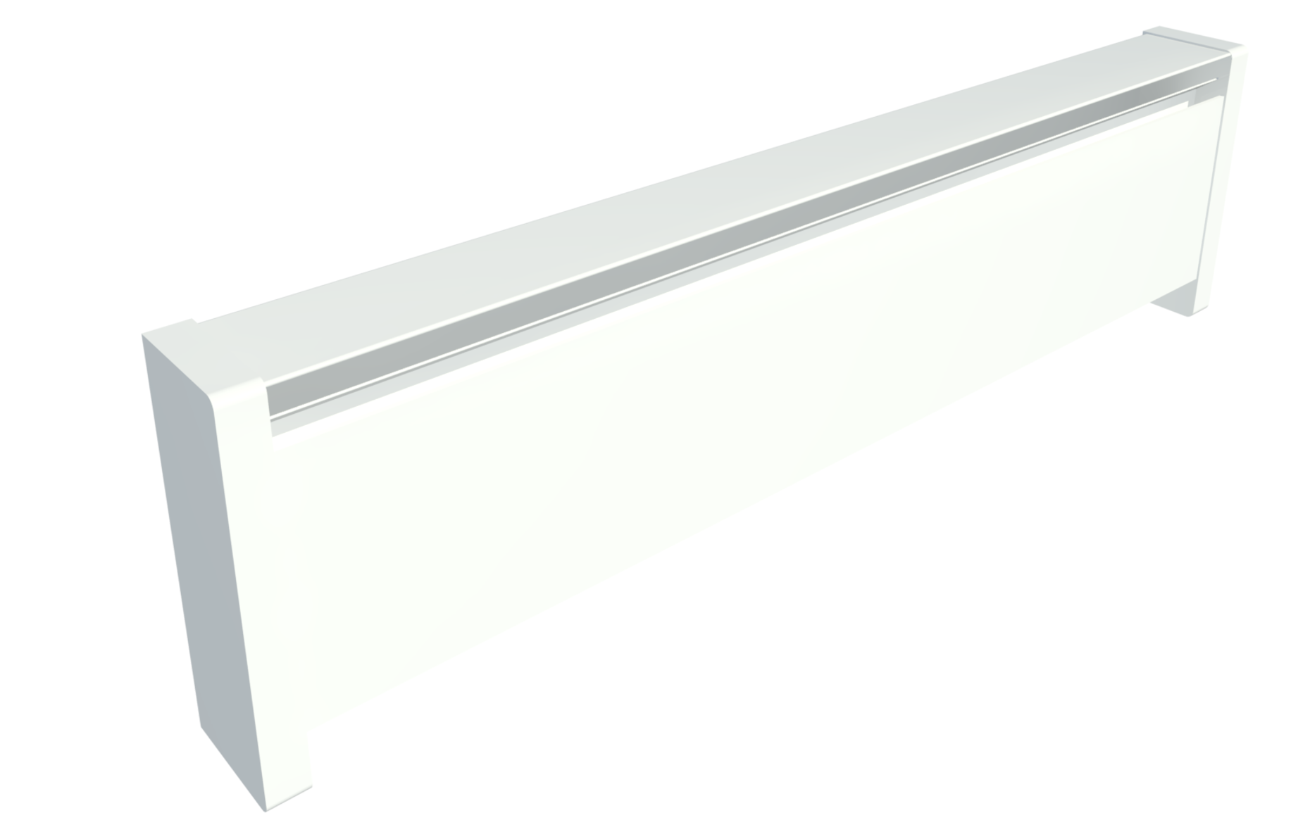 Render of a white, boxy, wall-mounted baseboard heater from Manufacturer Cadet, which can be placed along a wall.
