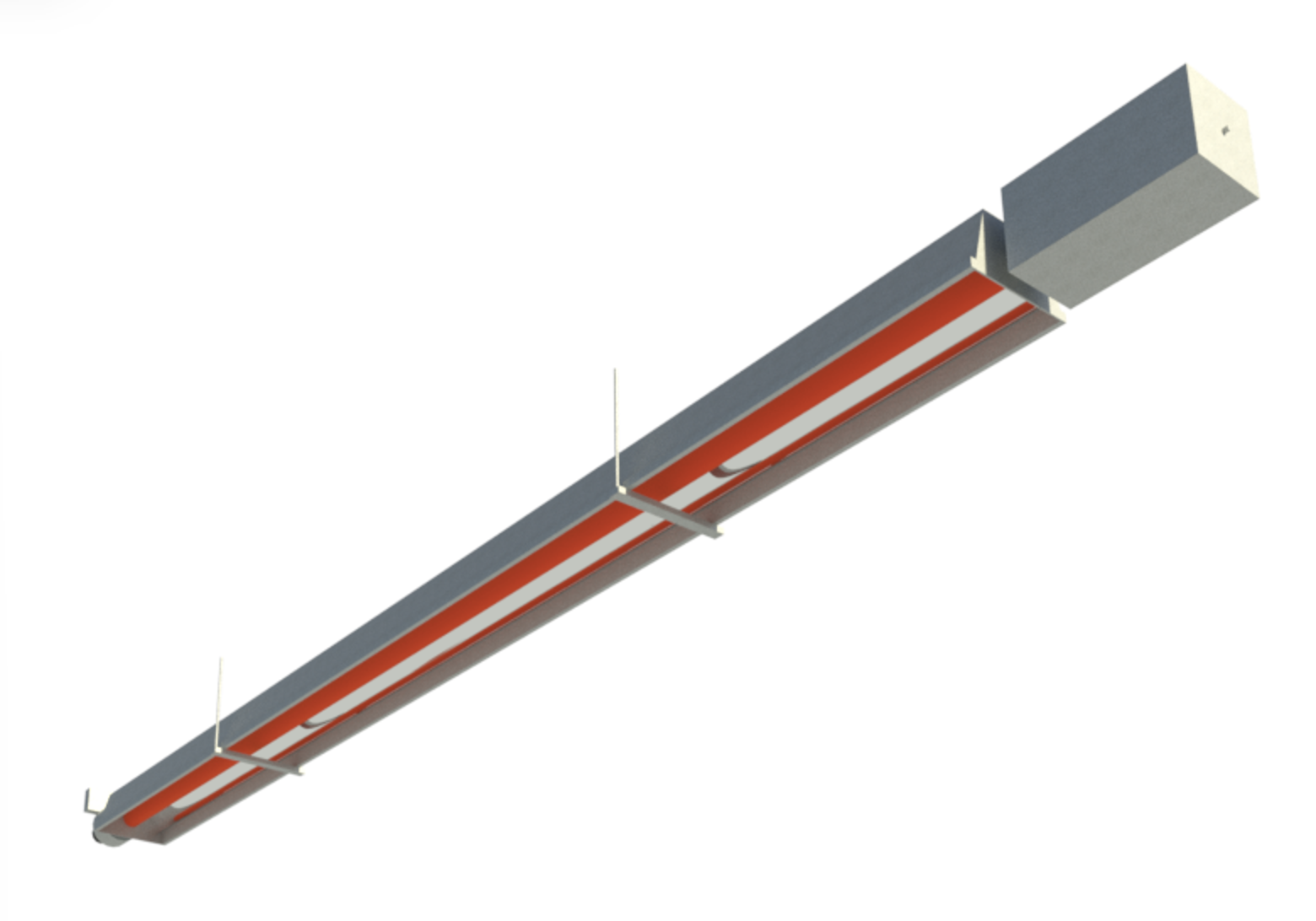 Render of the linear, L-Shaped radiant tube heater from maufacturer Space-Ray. The tube is made of metal and emits infrared radiation