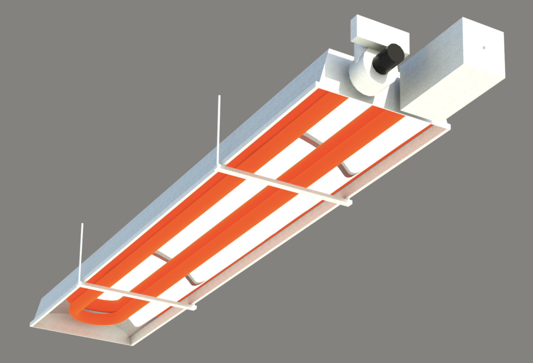 Render of the U-Shaped radiant tube heater from manufacturer Space-Ray. The tube is made of metal and emits infrared radiation