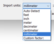 A dropdown selecting millimeters as the import unit.