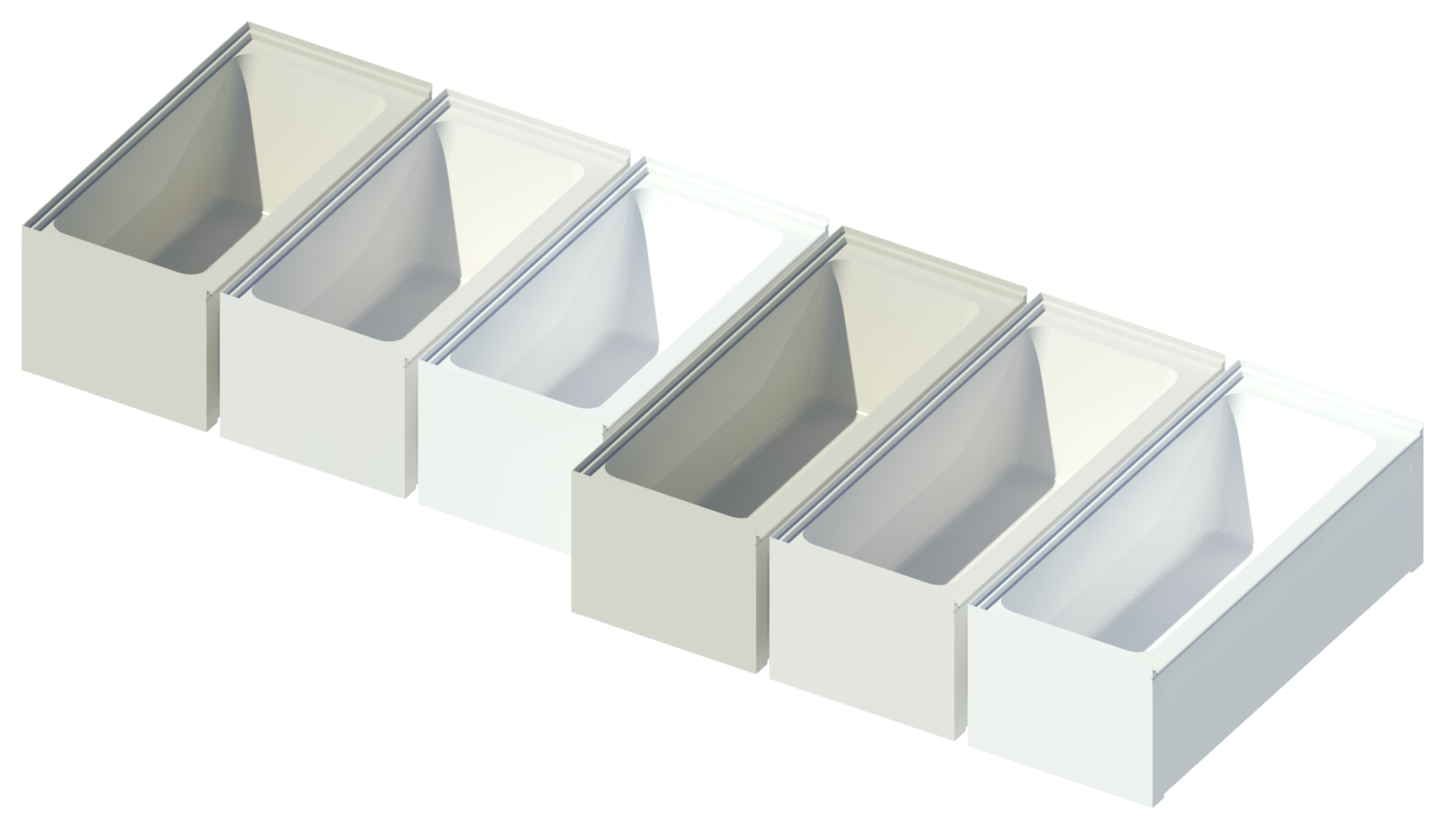 Revit raytrace showing Langley alcove bathtub variations in biscuit, white and almond finishes and two different sizes.