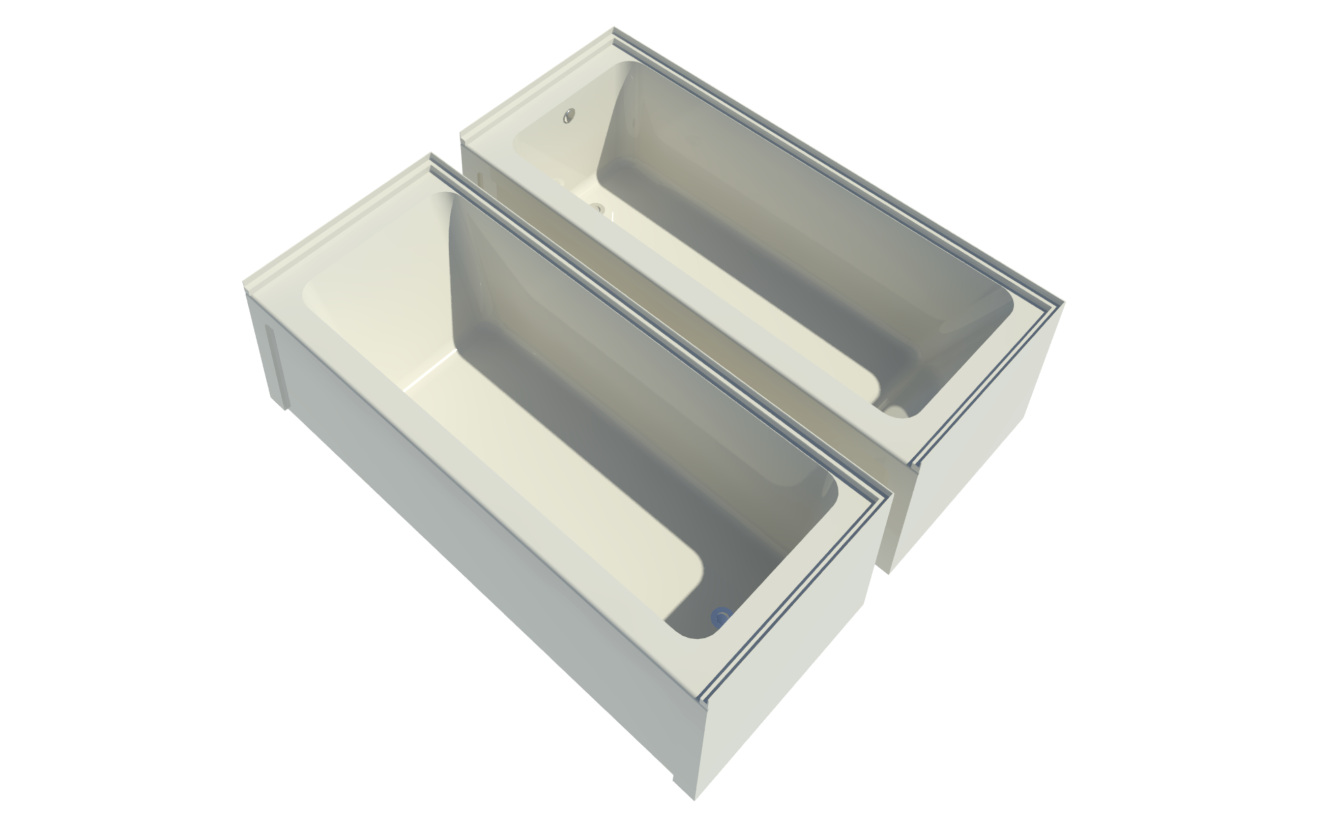 Revit raytrace showing Langley alcove bathtub variations in the almond finish and left and right-handed drain orientations.