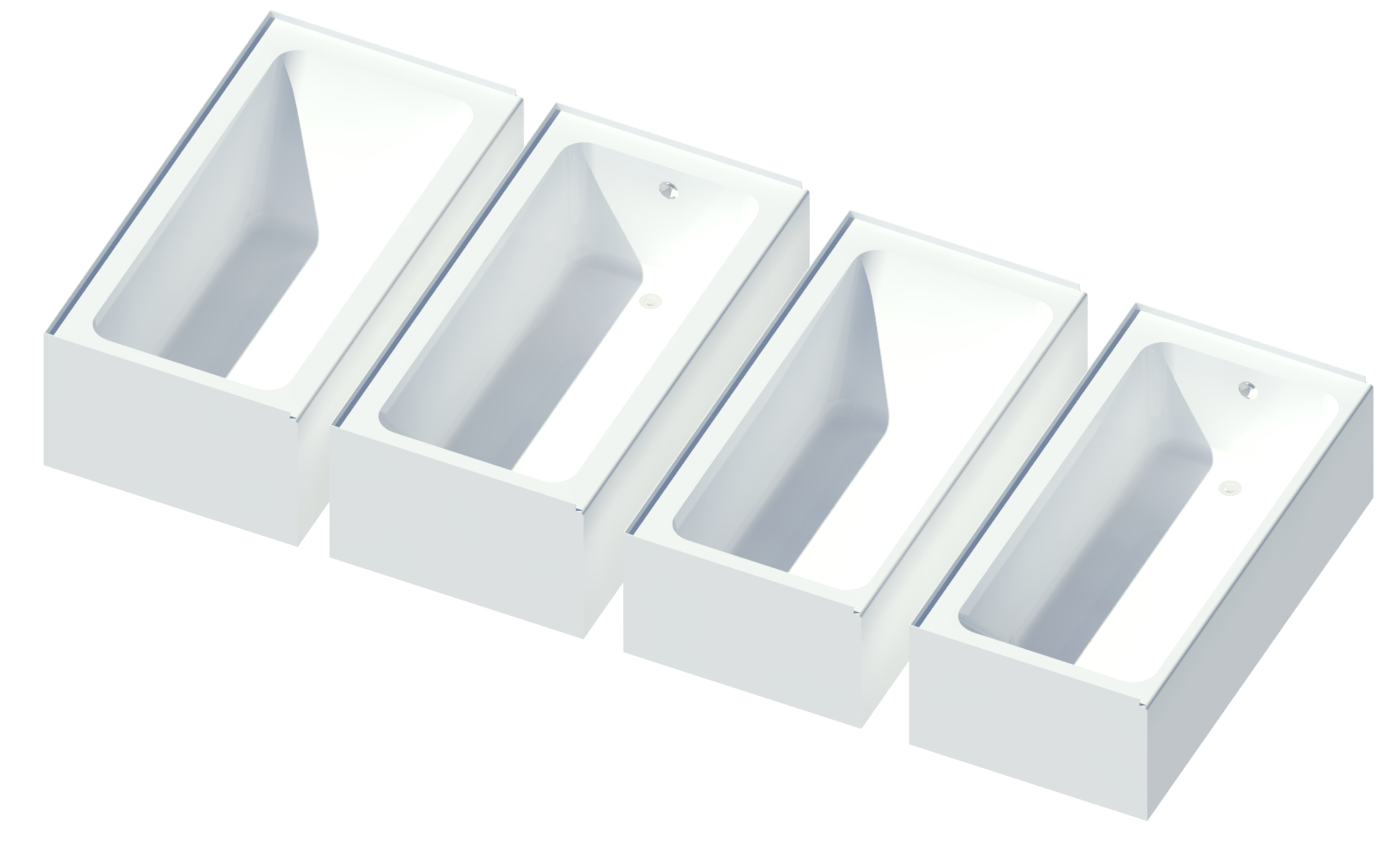 Revit raytrace showing the Mansfield Pro Spec model in a white finish with four types differening in size and left or right drain orientation.